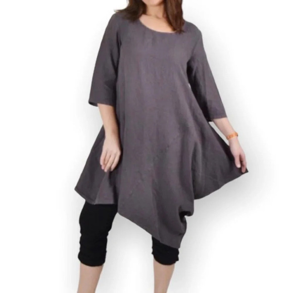 bryn Walker Beige  Asymmetrical 3/4 Sleeve Tunic Dress - Picture 2 of 12